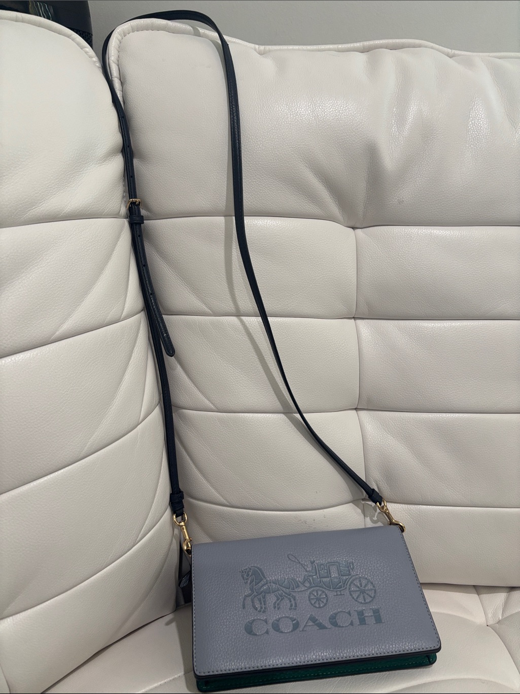 Coach Gray-Blue Leather Crossbody Bag With Embossed Logo